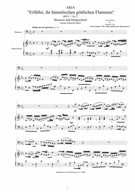 Bach Aria Erfllet Ihr Himmlichen Gttlichen Flammen Bwv 1 No 3 Bassoon And Harpsichord Sheet Music