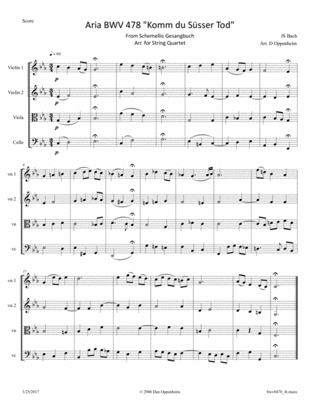 Bach Aria Komm Du Ssser Tod From Schemellis Gesangbuch Bwv 478 Arr For String Quartet Sheet Music