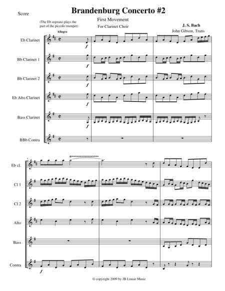 Free Sheet Music Bach Brandenburg Concerto 2 1st Movement For Clarinet Choir