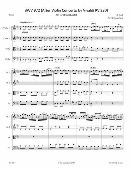 Bach Bwv 972 After Vioin Concerto By Vivaldi Rv 230 2nd Mvt Larghetto Arr For String Quartet Sheet Music