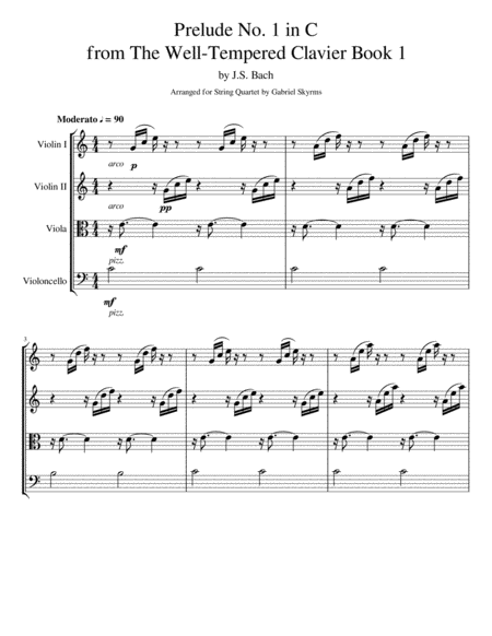 Free Sheet Music Bach C Major Prelude From Well Tempered Clavier For String Quartet