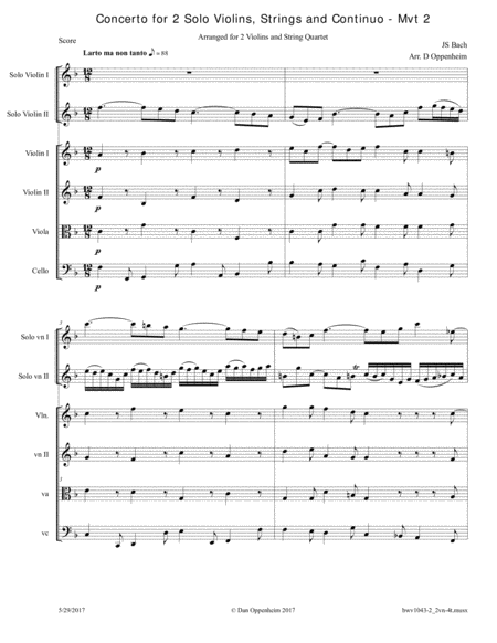 Bach Concerto For 2 Solo Violins And Strings Bwv 1043 Arr For 2 Violins And String Quartet Movement 2 Sheet Music