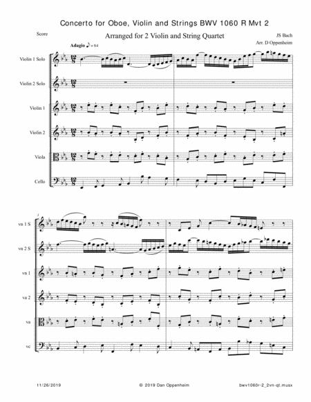 Bach Concerto For Oboe Violin And Strings Bwv 1060 R Arr For 2 Violins And String Quartet Mvt 2 Sheet Music