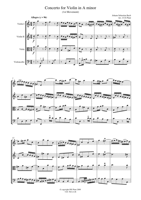 Free Sheet Music Bach Concerto For Violin In A Minor Mov 1 For String Quartet Score And Parts