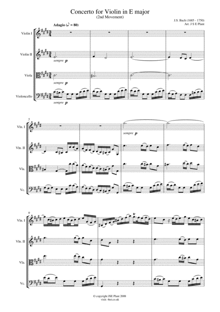 Free Sheet Music Bach Concerto For Violin In E Major Mov 2 For String Quartet Score And Parts