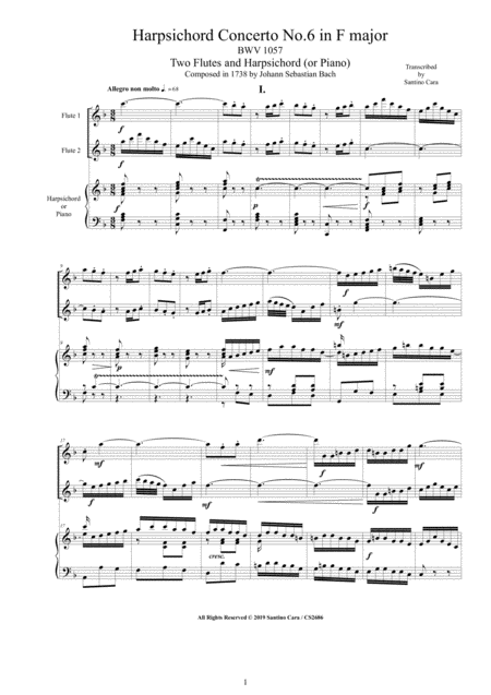 Bach Concerto No 6 In F Major Bwv 1057 For Two Flutes And Harpsichord Or Piano Sheet Music