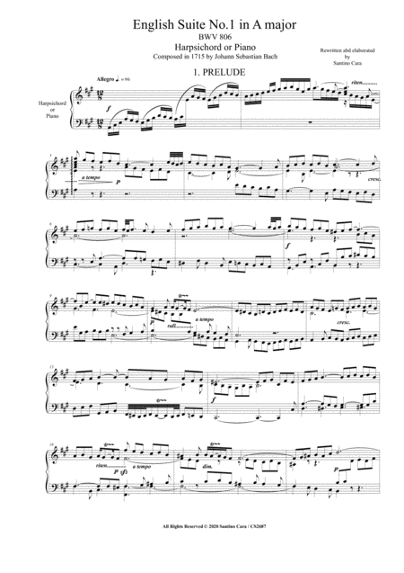 Bach English Suite No 1 In A Major Bwv 806 For Harpsichord Or Piano Sheet Music