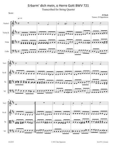 Bach Erbarm Dich Mein O Herre Gott Bwv 721 Arr For String Quartet Sheet Music
