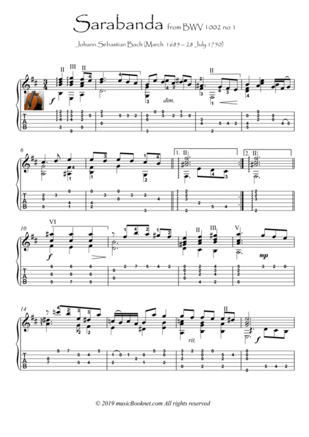 Free Sheet Music Bach For Guitar Sarabande Bwv 1002