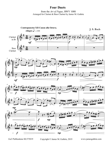 Bach Four Duets From The Art Of Fugue For Clarinet Bass Clarinet Sheet Music