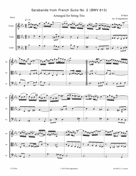 Bach French Suite No 2 Bwv 813 Sarabande Arranged For String Trio Sheet Music