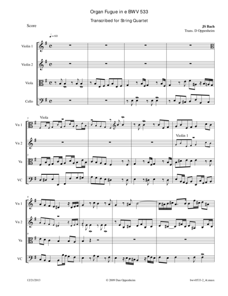 Bach Fugue Bwv 533 In E Minor Arr For String Quartet Sheet Music