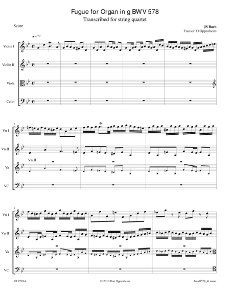 Free Sheet Music Bach Fugue In G Bwv 578 Arr For String Quartet