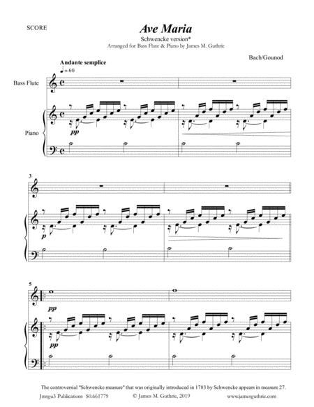 Free Sheet Music Bach Gonoud Ave Maria Schwencke Version For Bass Flute Piano