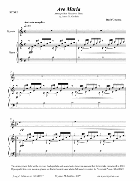 Free Sheet Music Bach Gounod Ave Maria For Piccolo Piano