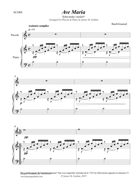 Free Sheet Music Bach Gounod Ave Maria Schwencke Version For Piccolo Piano