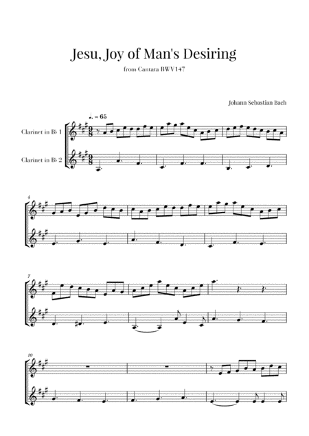 Bach Jesu Joy Of Mans Desiring For 2 Clarinets Sheet Music