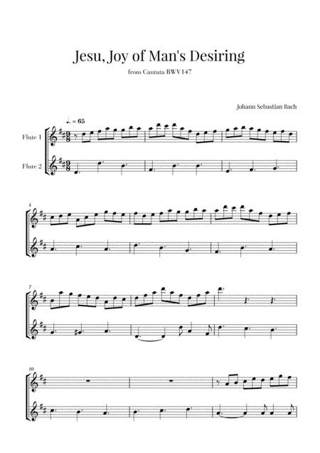 Bach Jesu Joy Of Mans Desiring For 2 Flutes Sheet Music