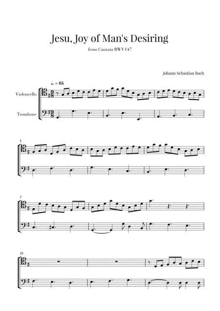 Bach Jesu Joy Of Mans Desiring For Cello And Trombone Sheet Music