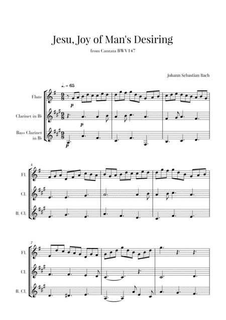 Bach Jesu Joy Of Mans Desiring For Flute Clarinet And Bass Clarinet Sheet Music