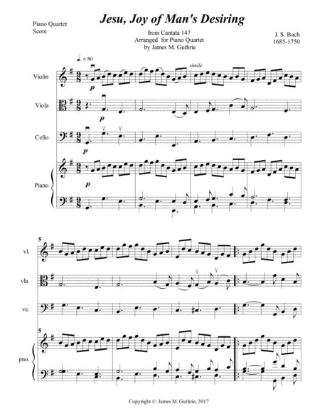 Free Sheet Music Bach Jesu Joy Of Mans Desiring For Piano Quartet