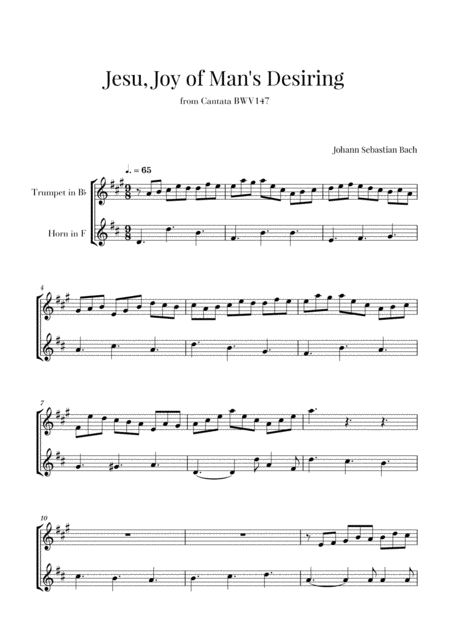 Bach Jesu Joy Of Mans Desiring For Trumpet In Bb And French Horn Sheet Music