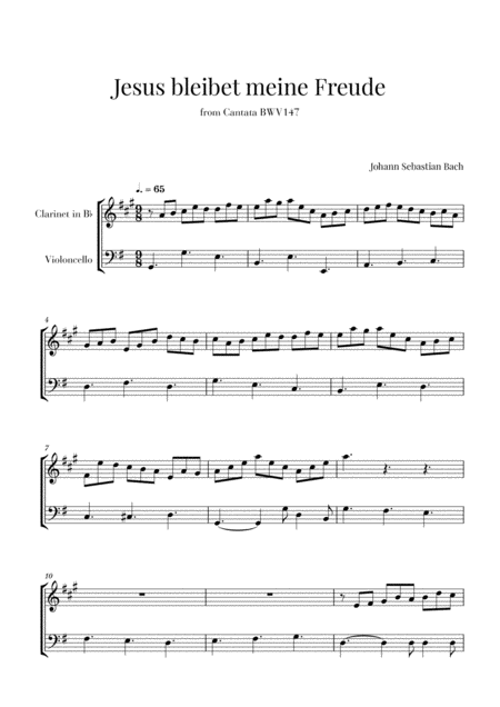Free Sheet Music Bach Jesus Bleibet Meine Freude For Clarinet And Cello