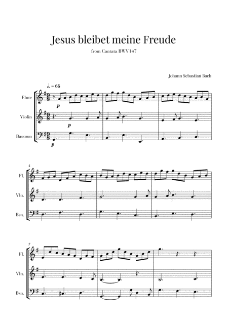 Free Sheet Music Bach Jesus Bleibet Meine Freude For Flute Violin And Bassoon