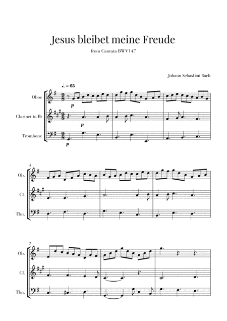 Free Sheet Music Bach Jesus Bleibet Meine Freude For Oboe Clarinet And Trombone