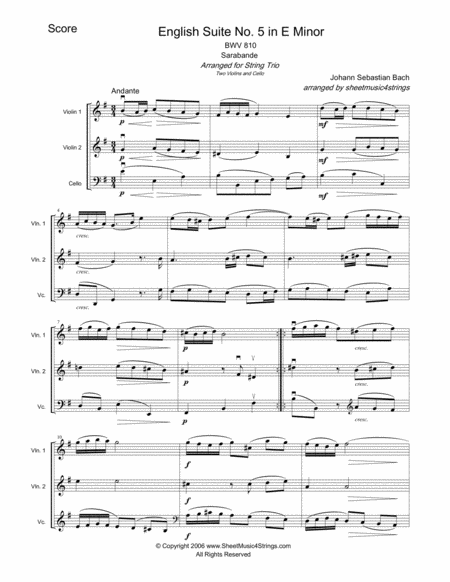 Bach Js Sarabande For Two Violins And Cello Sheet Music