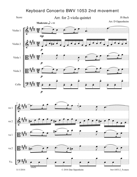 Bach Keyboard Concerto Bwv 1053 2nd Movement Arranged For Viola Quintet Sheet Music