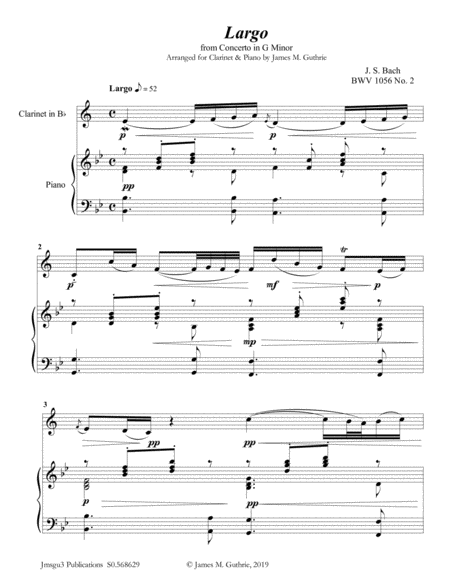 Bach Largo From Concerto Bwv 1056 For Clarinet Piano Sheet Music