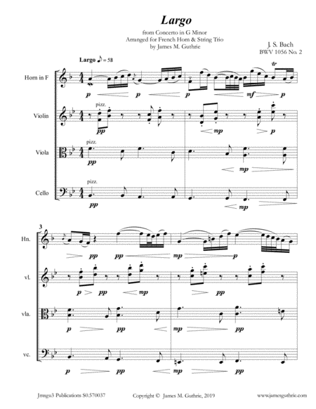 Bach Largo From Concerto Bwv 1056 For French Horn String Trio Sheet Music