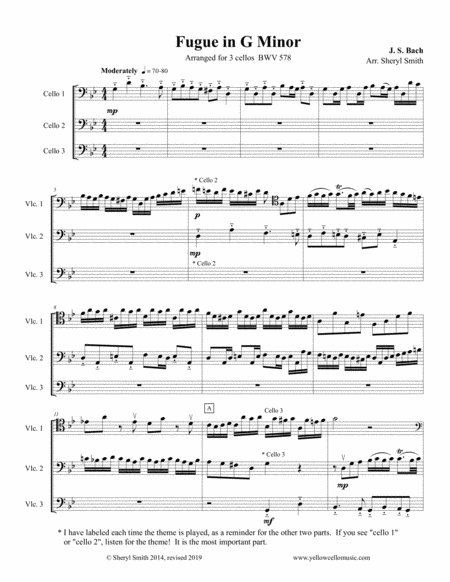 Bach Little Fugue In G Minor Bwv 578 Arranged For 3 Cellos Sheet Music