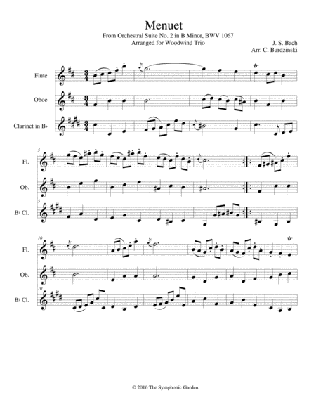 Free Sheet Music Bach Menuet From Orchestral Suite No 2 In B Minor Woodwind Trio Flute Oboe Clarinet