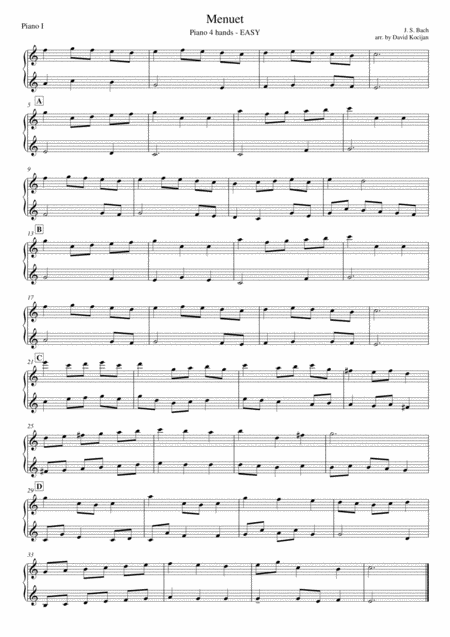 Bach Menuet Piano 4 Hands Easy Sheet Music