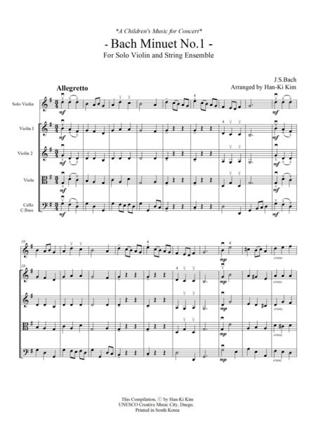 Free Sheet Music Bach Minuet No 1 For Solo Vn And Strings
