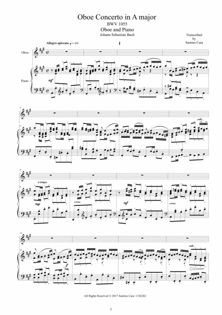 Bach Oboe Concerto In A Major Bwv 1055 For Oboe And Piano Sheet Music