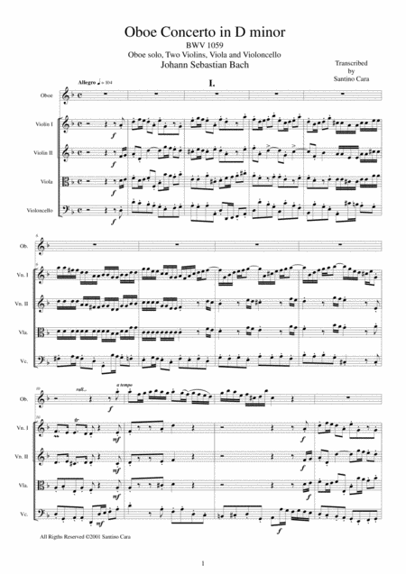 Bach Oboe Concerto In D Minor Bwv1059 For Oboe And String Quartet Sheet Music