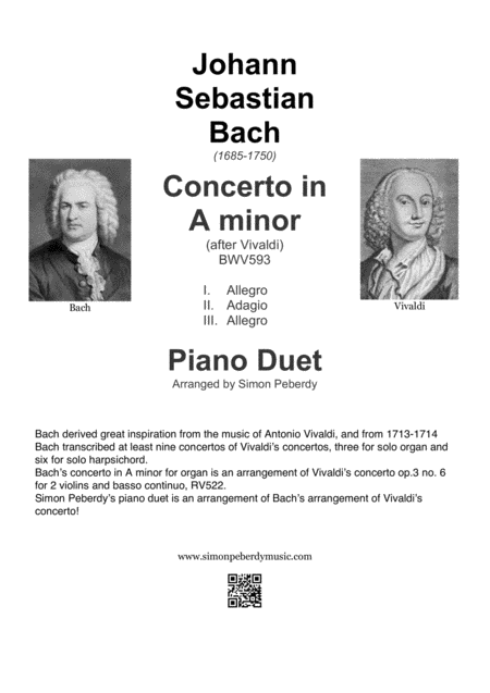 Bach Organ Concerto Ii In A Minor After Vivaldi 2 Violin Concerto Arranged For Piano Duet Complete 3 Movements Sheet Music