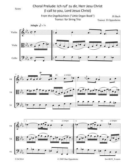 Free Sheet Music Bach Prelude Ich Ruf Zu Dir Herr Jesu Christ Bwv 639 Arranged For String Trio