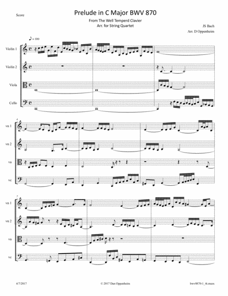 Free Sheet Music Bach Prelude In C Major Bwv 870 From The Well Tempered Clavier Arr For String Quartet