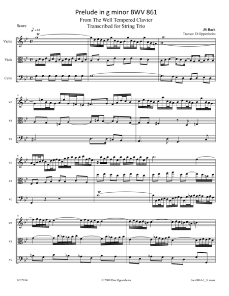 Free Sheet Music Bach Prelude In G Bwv 861 From The Well Tempered Clavier Arr For String Trio