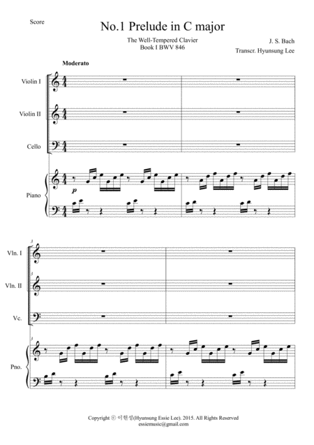 Bach Prelude No 1 For 2vn 1vc Pno Sheet Music