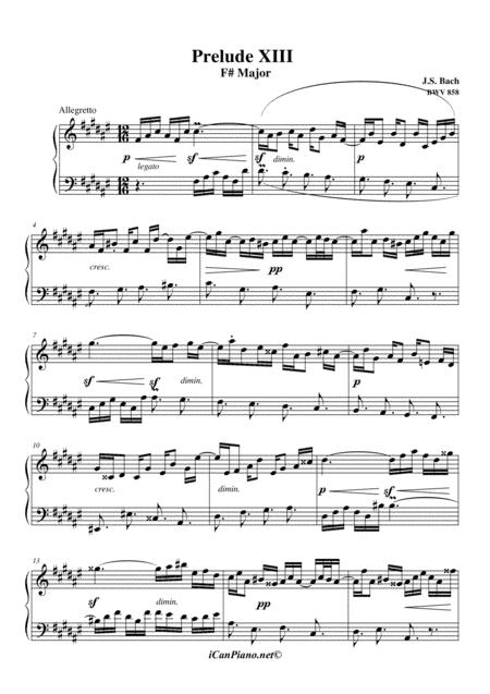 Bach Prelude No 13 In F Well Tempered Clavier Bwv 858 Sheet Music