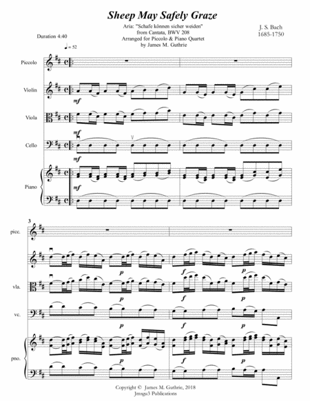 Free Sheet Music Bach Sheep May Safely Graze For Piccolo Piano Quartet