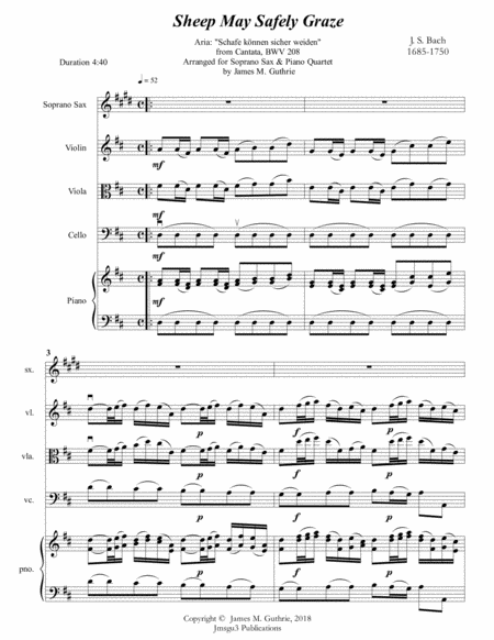 Free Sheet Music Bach Sheep May Safely Graze For Soprano Sax Piano Quartet