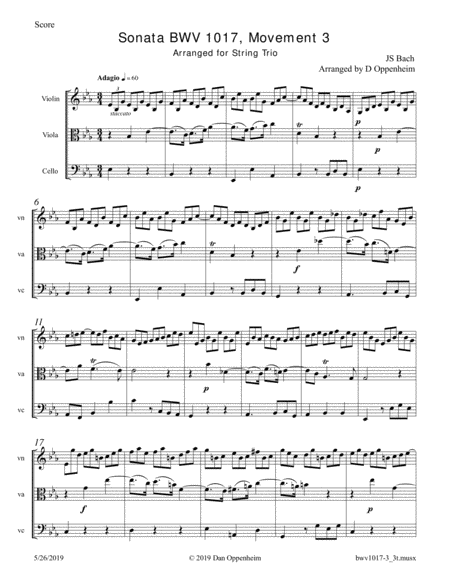 Bach Sonata Bwv 1017 Movement 3 Arranged For String Trio Violin Viola And Cello Sheet Music