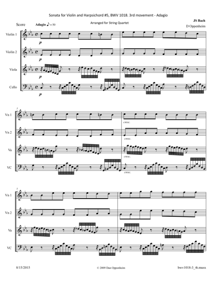 Bach Sonata For Violin And Harpsichord Bwv 1018 3rd Movement Arr For String Quartet Sheet Music