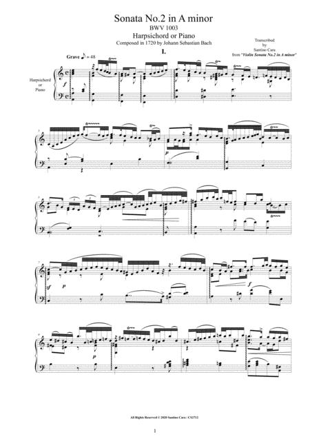 Bach Sonata No 2 In A Minor Bwv 1003 For Harpsichord Or Piano Sheet Music